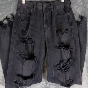 American Eagle Jeans Womens 2 Black Mom Jean Strigid High Rise Distressed Ripped